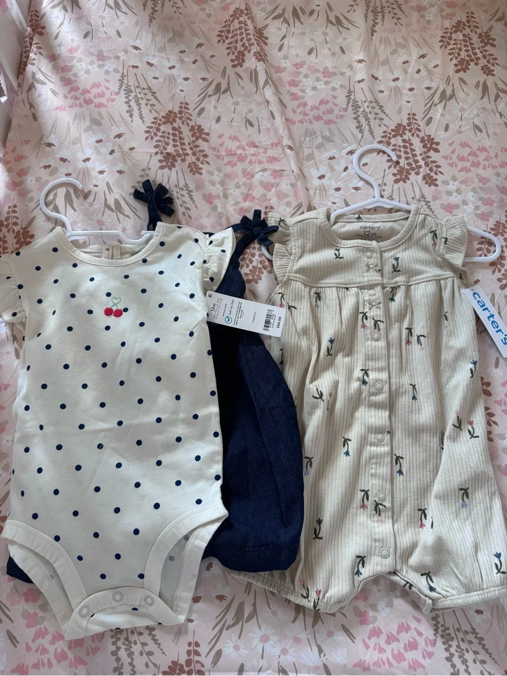 NWT 2 Carter's Navy Denim Romper and Cream Floral Print Romper
